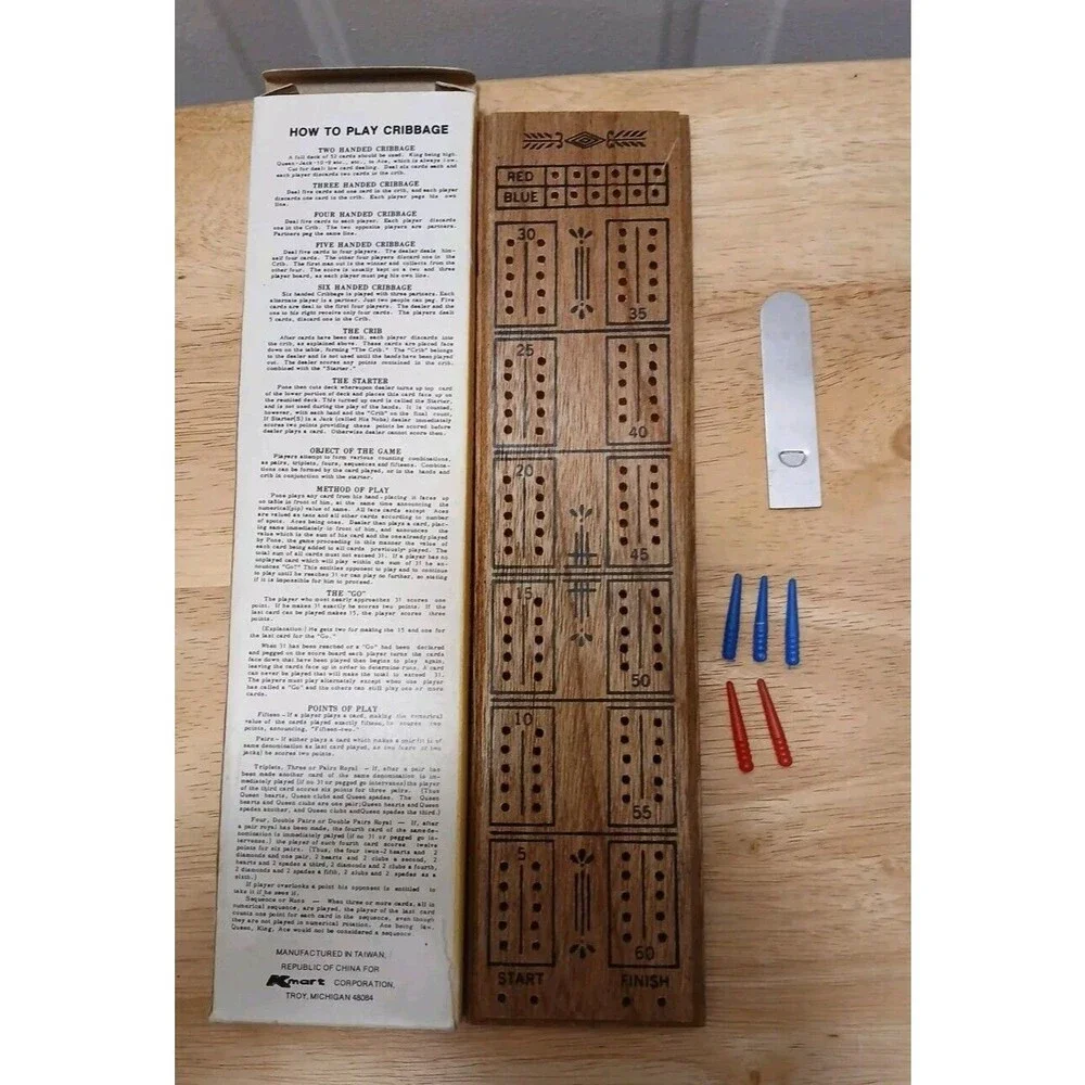 Vintage CRIBBAGE BOARD Hardwood 2 Player Instructions 5 Pegs